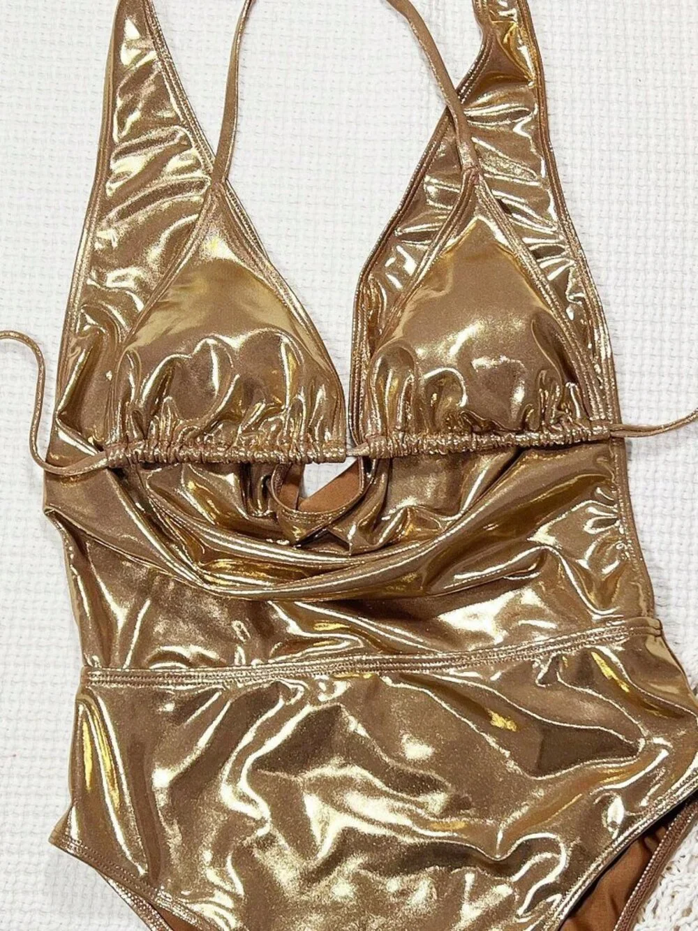 Sexy Women's Gold Metallic Halter Tie Front Cutout One Piece Suit